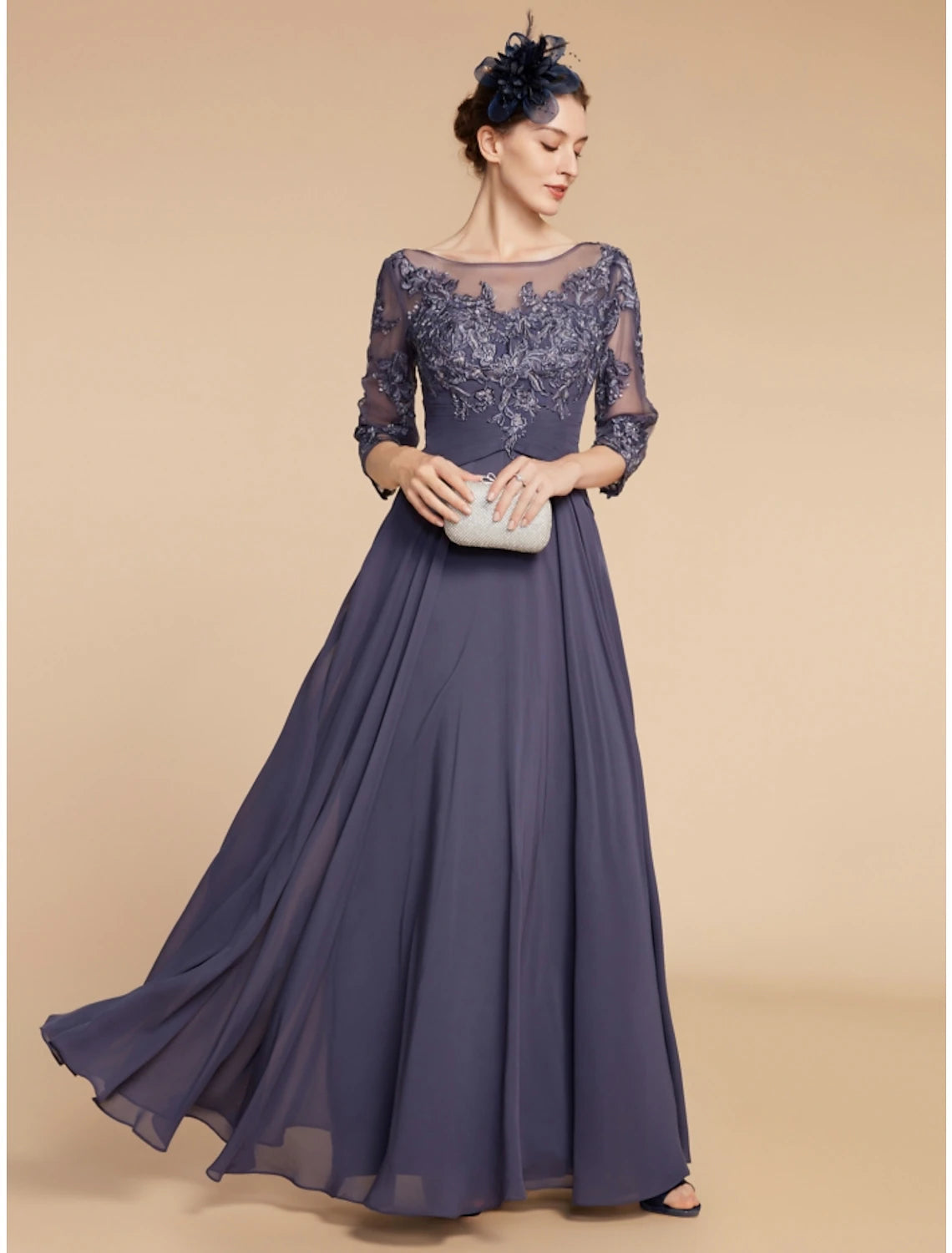 A-Line Mother of the Bride Dress Wedding Guest Elegant Scoop Neck Floor Length Chiffon Lace 3/4 Length Sleeve with Ruching