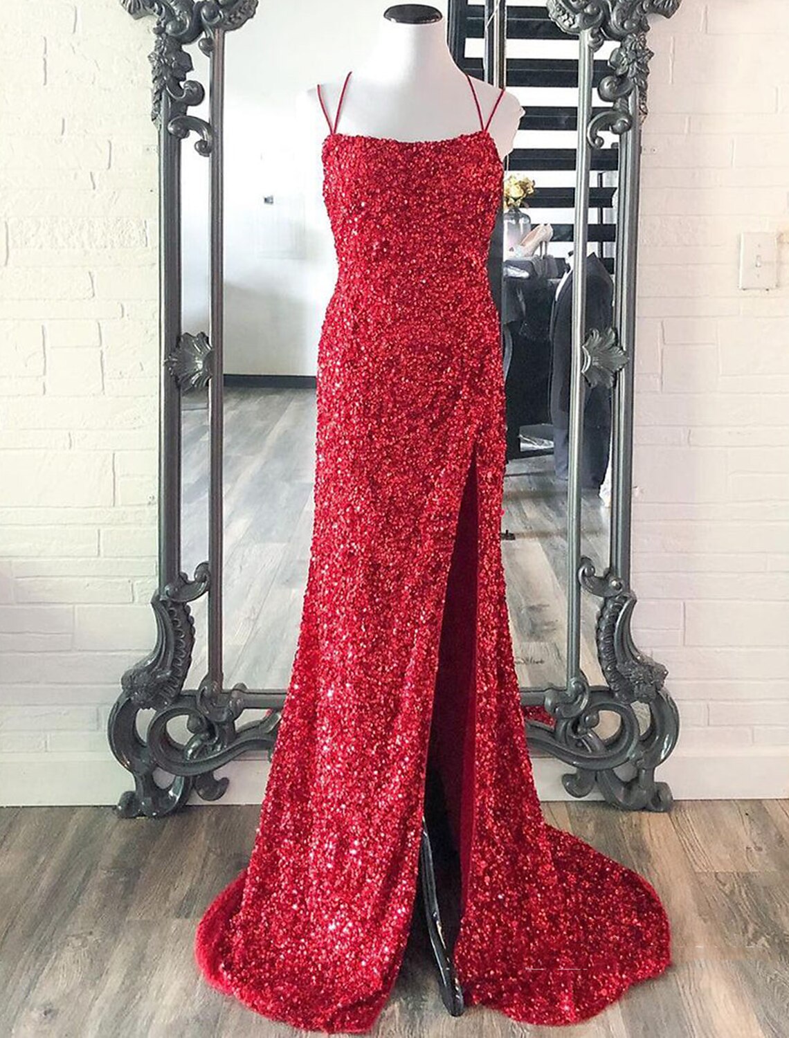 Mermaid / Trumpet Prom Dresses Sparkle & Shine Dress Wedding Guest Party Wear Floor Length Sleeveless Spaghetti Strap Sequined