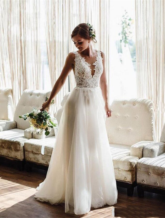 Beach Wedding Dresses A-Line V Neck Sleeveless Sweep / Brush Train Lace Bridal Gowns With Pleats