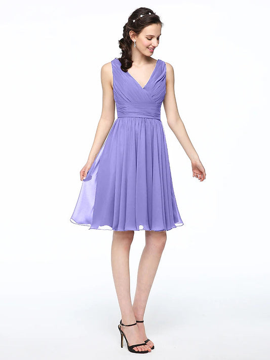 A-Line Bridesmaid Dress V Neck Sleeveless Elegant Short / Mini Chiffon with Pleats Pure Color