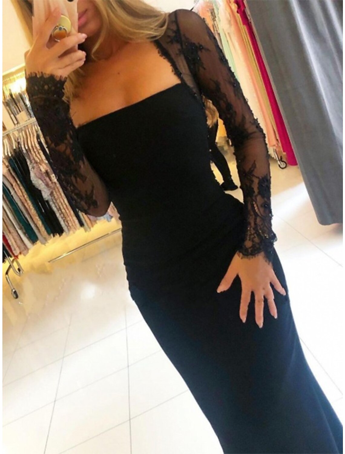 Mermaid / Trumpet Prom Dresses Open Back Dress Formal Wedding Guest Court Train Long Sleeve Strapless Stretch Fabric Backless with Beading