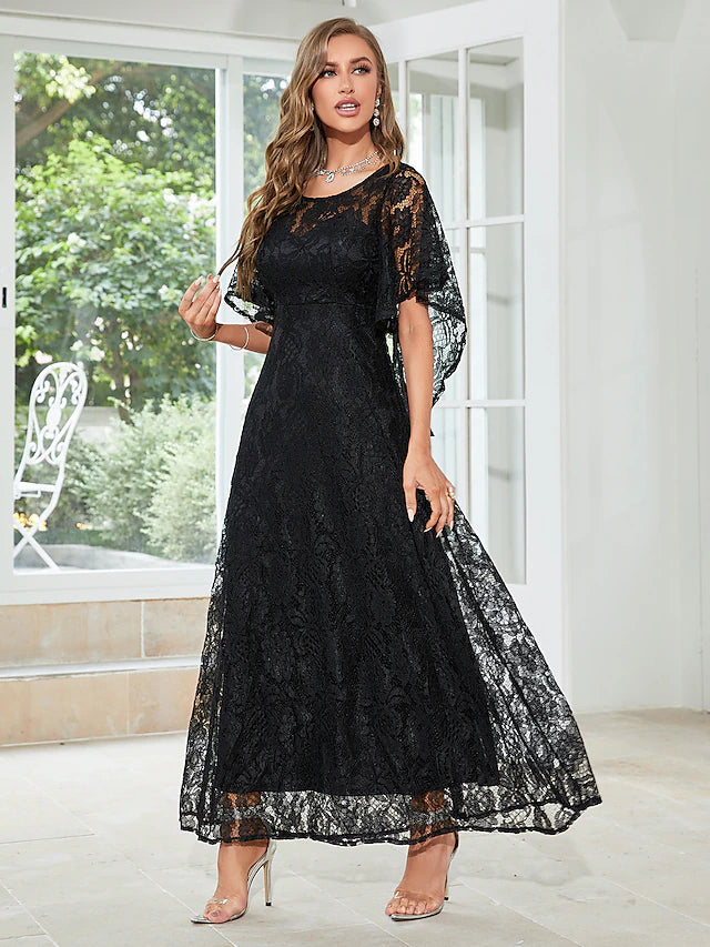 A-Line Wedding Guest Dresses Elegant Dress Party Wear Ankle Length Half Sleeve Jewel Neck Lace with Ruffles
