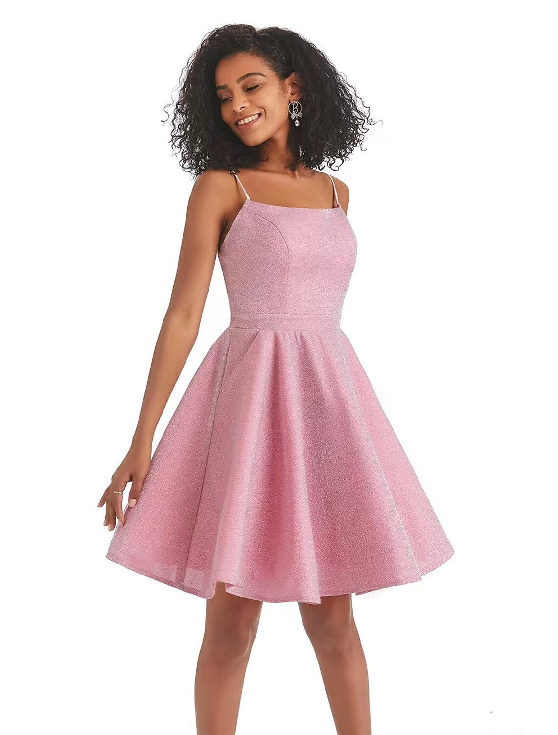 A-Line Homecoming Dresses Backless Dress Graduation Short / Mini Sleeveless Spaghetti Strap Pink Dress Lurex Fabric with Sequin