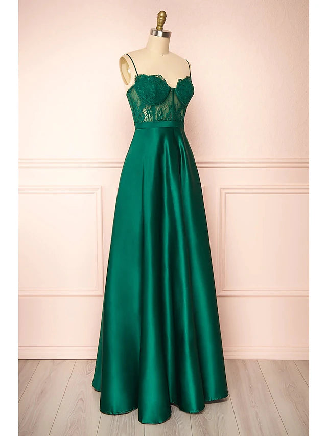 A-Line Prom Dresses See Through Dress Formal Floor Length Sleeveless Sweetheart Satin Backless