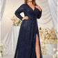 A-Line Evening Gown Plus Size Dress Formal Sweep / Brush Train Long Sleeve V Neck Polyester with Sequin