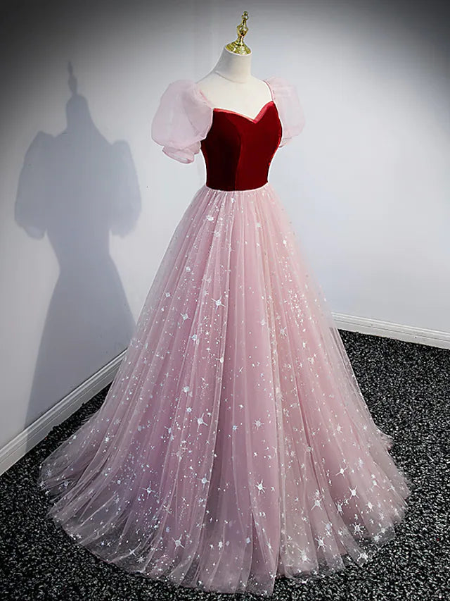 A-Line Prom Dresses Princess Dress Prom Floor Length Short Sleeve Sweetheart Tulle with
