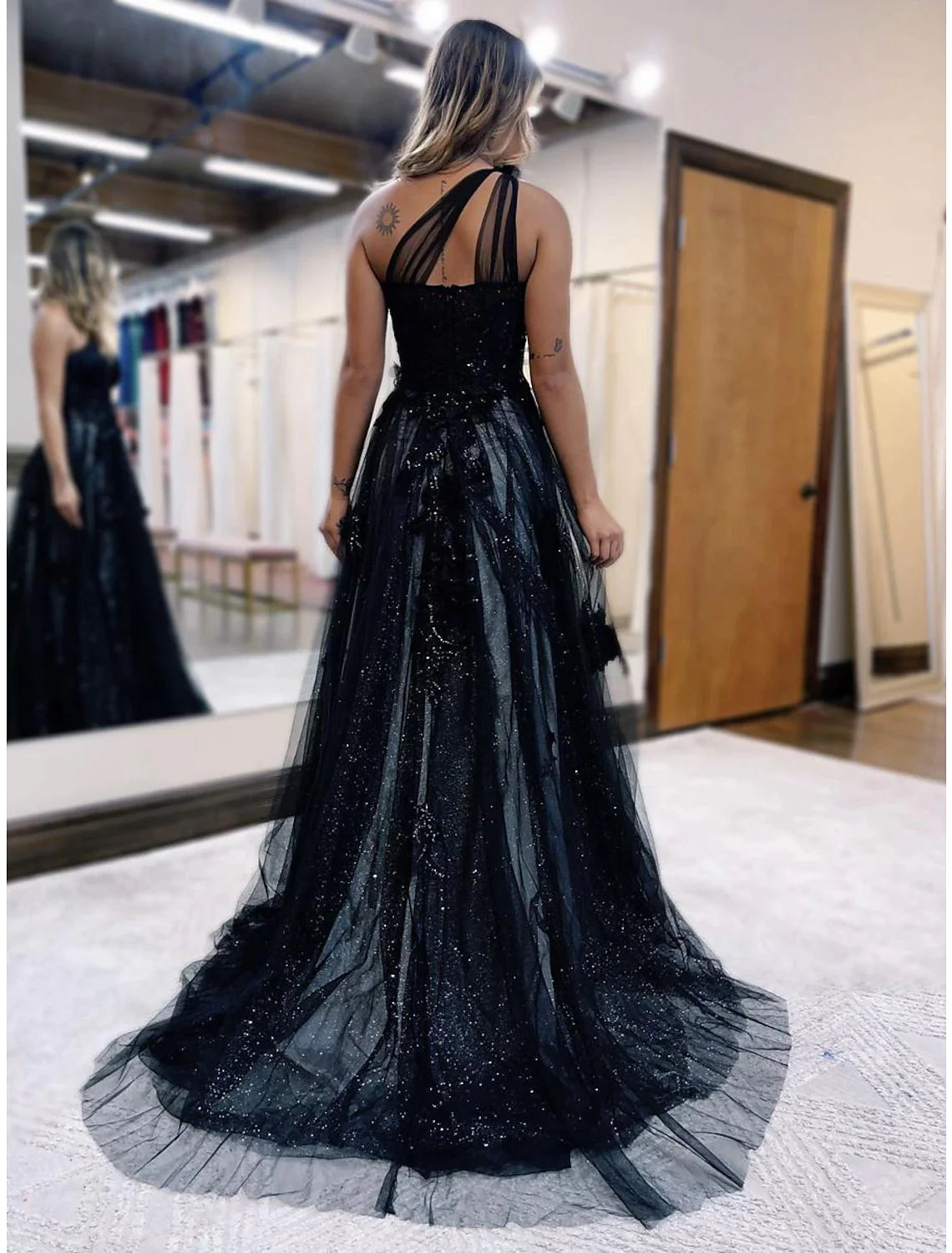 A-Line Prom Dresses Color Block Dress Formal Wedding Guest Sweep / Brush Train Sleeveless One Shoulder Tulle Backless with Pleats