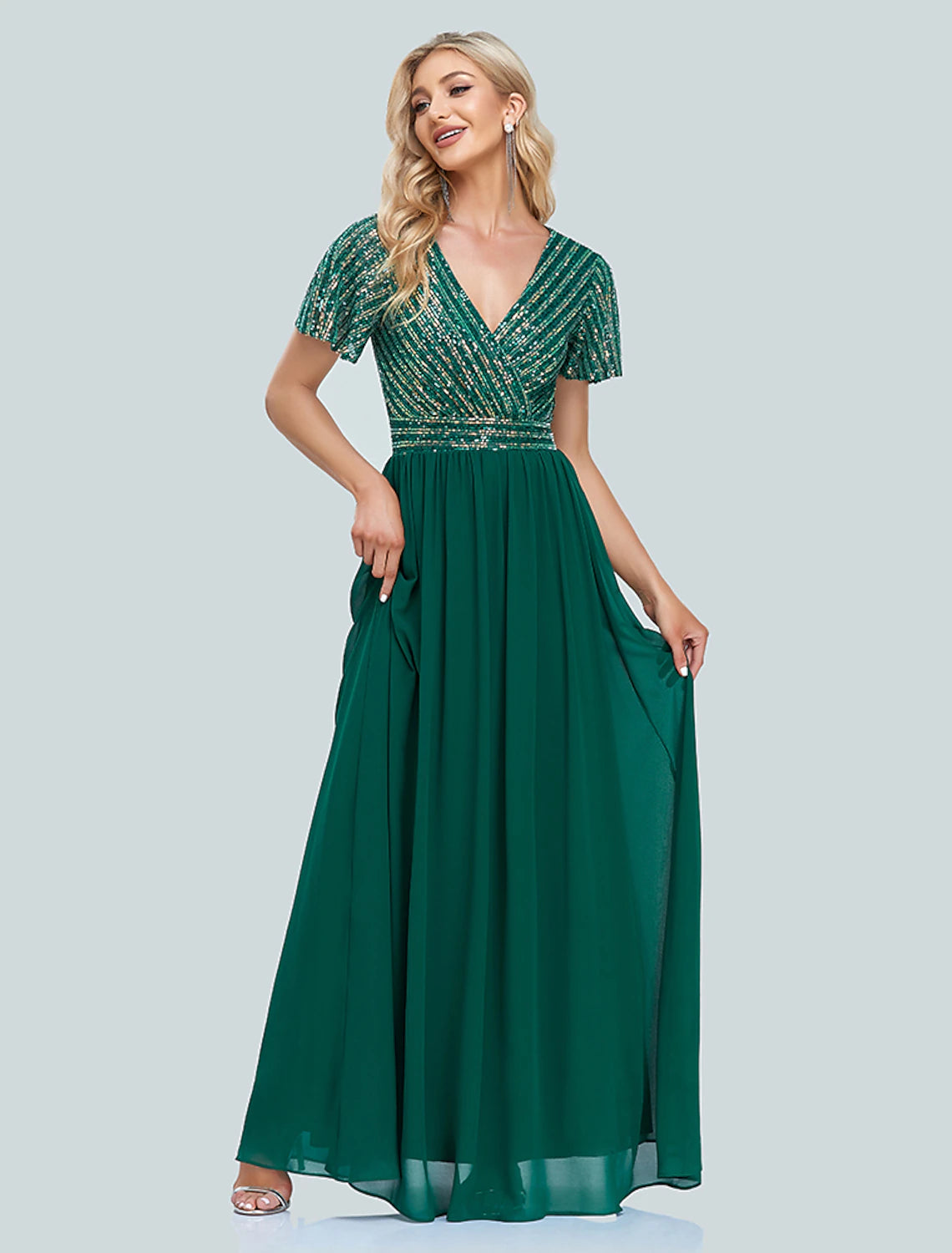 A-Line Mermaid / Trumpet Evening Gown Elegant Dress Christmas Floor Length Short Sleeve V Neck Sequined