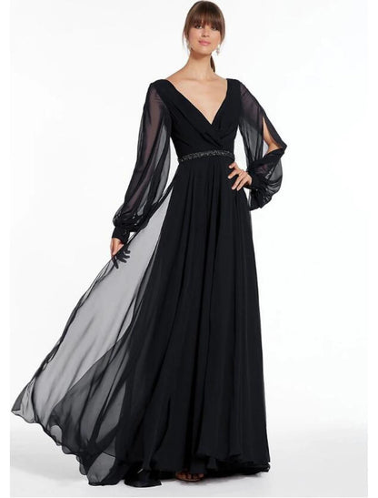 A-Line Evening Gown Empire Dress Holiday Floor Length Long Sleeve V Neck Chiffon V Back