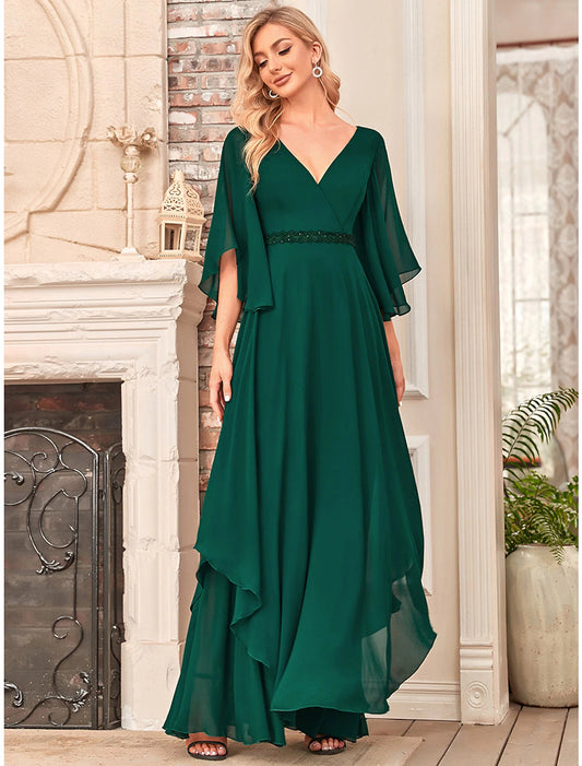 A-Line Mother of the Bride Dress Elegant V Neck Floor Length Chiffon Half Sleeve with Sash