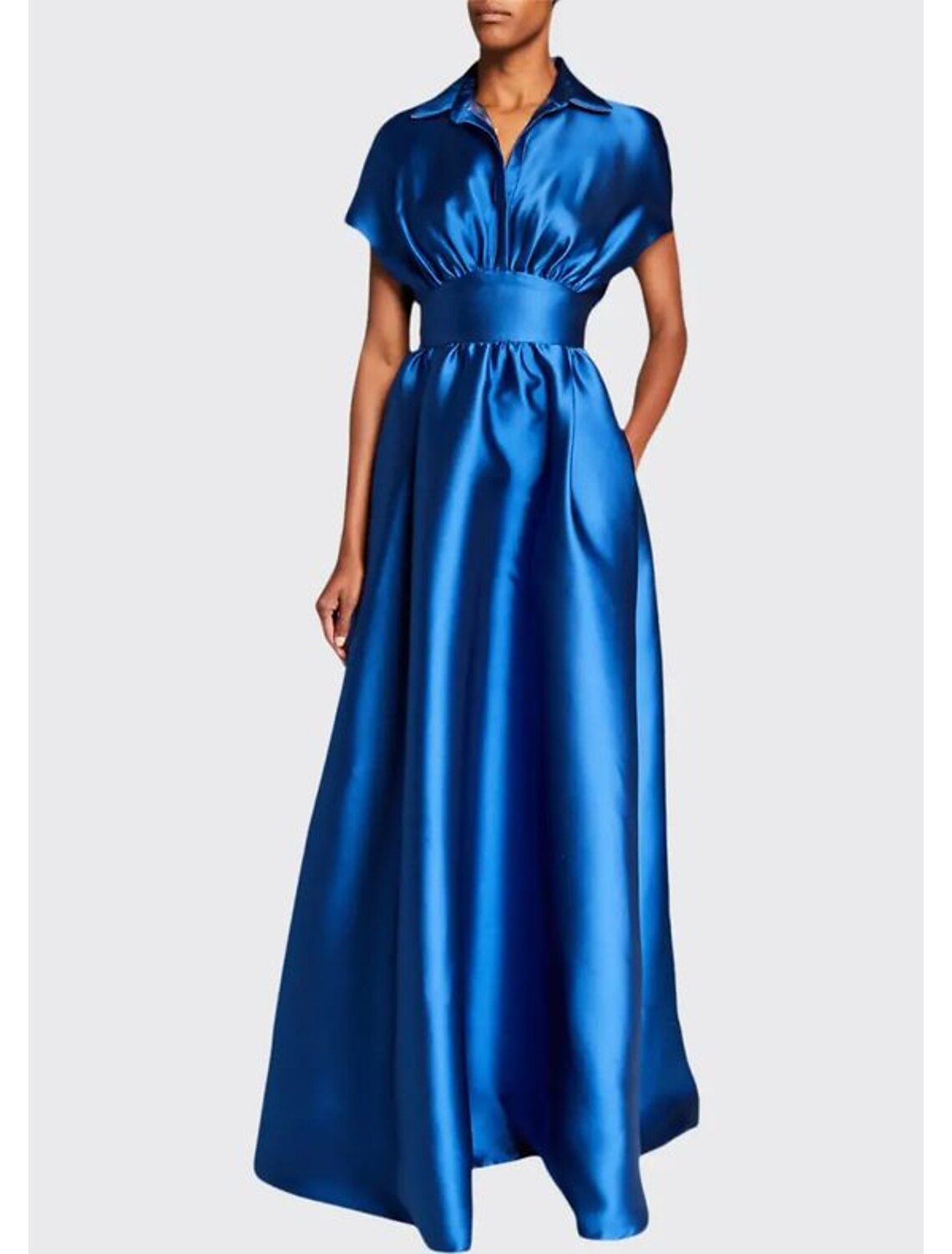 A-Line Evening Gown Elegant Dress Formal Floor Length Short Sleeve Shirt Collar Satin