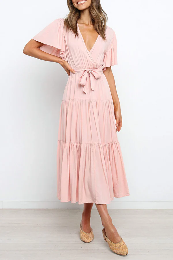 Leisure solid color patchwork V-neck cake dress evening dress Party Dress