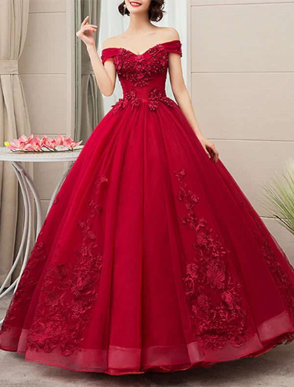 Ball dress adult dress princess dress red and green dress adult dress floor length sleeveless off the shoulder polyester with stickers Prom Dress Quinceanera Dress