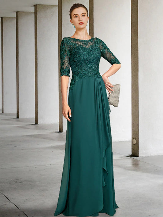 A-Line Mother of the Bride Dress Luxurious Elegant Jewel Neck Floor Length Chiffon Lace Half Sleeve with Pleats Beading