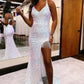 Sheath / Column Prom Dresses Sparkle & Shine Dress Cocktail Party Sweep / Brush Train Sleeveless V Neck Sequined with Glitter Ruched