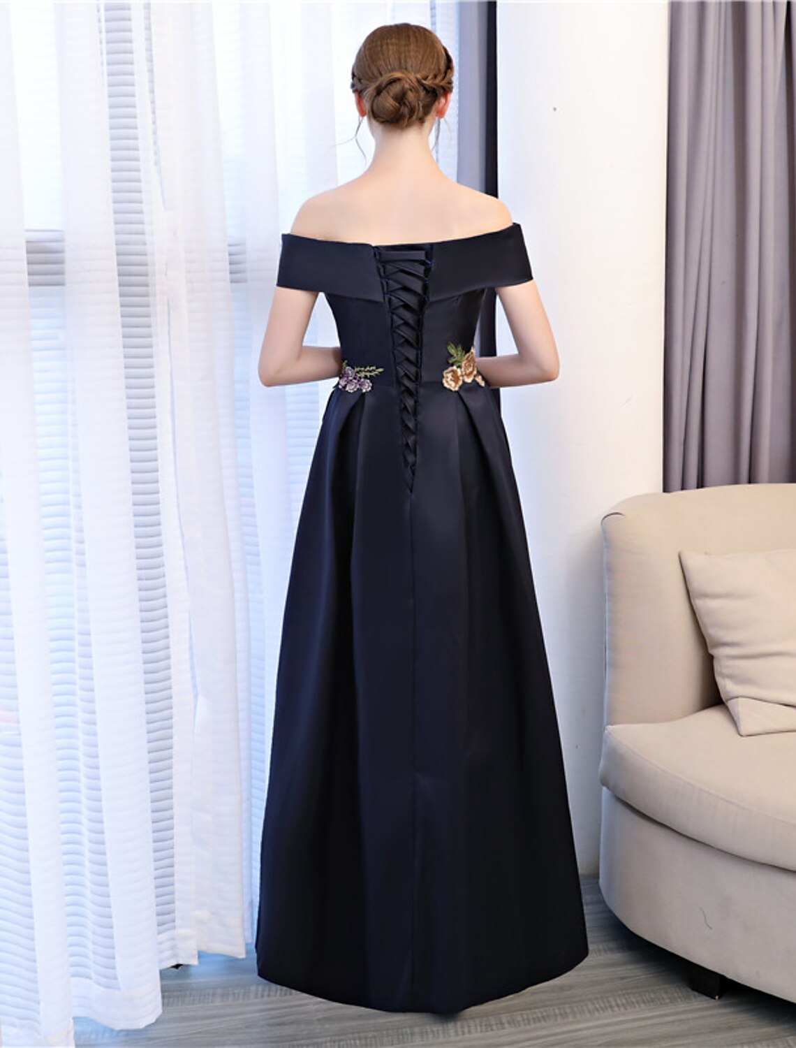A-Line Floral Dress Wedding Guest Floor Length Sleeveless Off Shoulder Satin with Embroidery