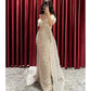 Sheath / Column Evening Gown Sparkle & Shine Dress Formal Fall Sweep / Brush Train Short Sleeve V Neck Sequined with Glitter