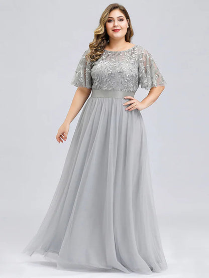 A-Line Prom Dresses Plus Size Dress Wedding Guest Floor Length Short Sleeve Jewel Neck Chiffon