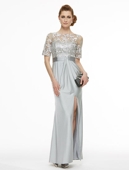 Sheath / Column Bateau Neck Ankle Length Lace / Jersey Mother of the Bride Dress with Lace