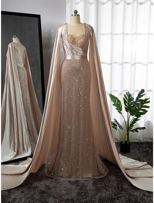 A-Line Evening Gown Elegant Dress Formal Court Train Long Sleeve Illusion Neck Stretch Satin with Pleats Ruched