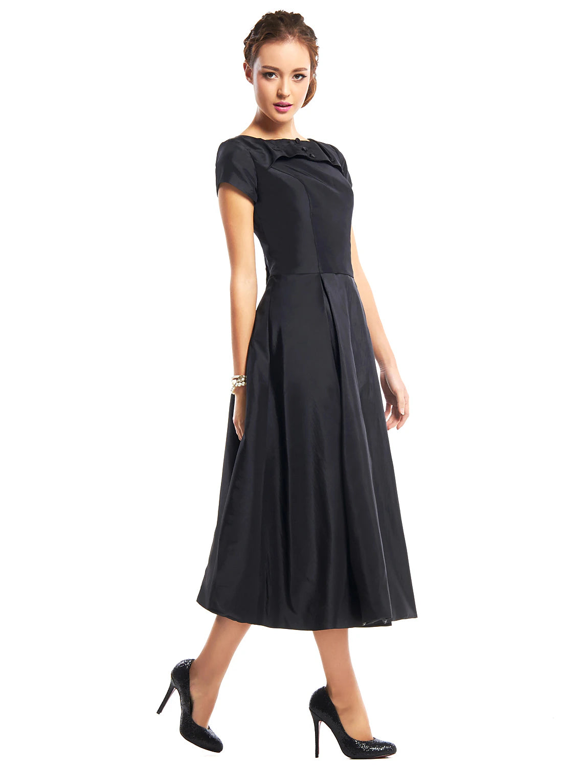 A-Line Black Dress Vintage Homecoming Wedding Guest Tea Length Short Sleeve Boat Neck Taffeta