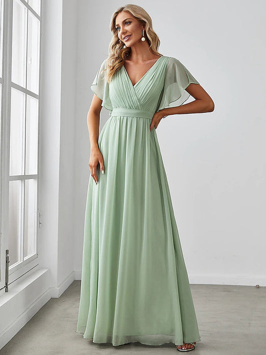 A-Line Bridesmaid Dress V Neck Short Sleeve Elegant Stretch Chiffon with Ruffles