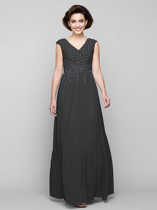 A-Line Mother of the Bride Dress Elegant V Neck Floor Length Chiffon Sleeveless with Criss Cross