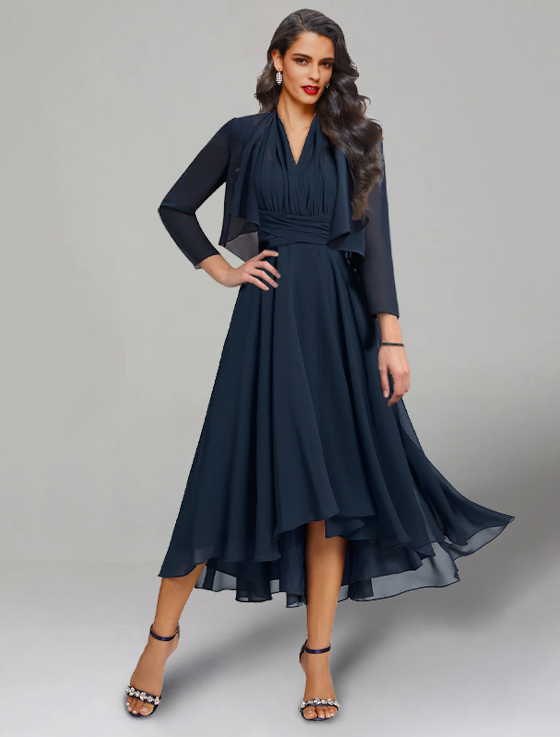 Two Piece A-Line Wedding Guest Dresses Elegant Dress Cocktail Party Tea Length 3/4 Length Sleeve V Neck Convertible Chiffon