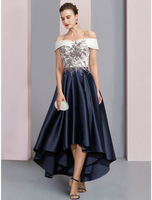 A-Line Mother of the Bride Dress Wedding Guest Elegant Off Shoulder Asymmetrical Ankle Length Satin Lace Short Sleeve