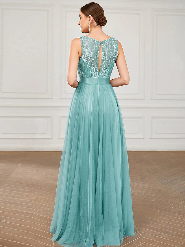 A-Line Prom Dresses Elegant Dress Wedding Guest Floor Length Sleeveless Jewel Neck Tulle with Sequin