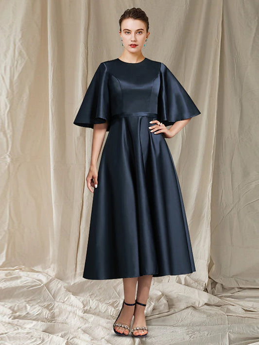 A-Line Mother of the Bride Dress Wedding Guest Minimalist Elegant Jewel Neck Tea Length Satin Half Sleeve with Pleats