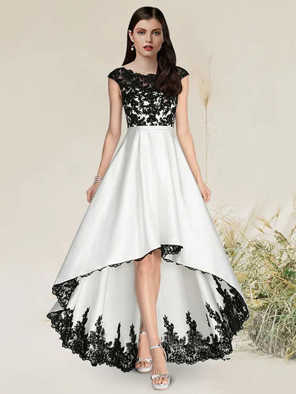 A-Line Elegant Engagement Formal Evening Dress Jewel Neck Sleeveless Asymmetrical Satin