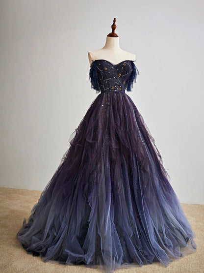 Purple Gradient Tulle Long Prom Dress Beautiful A-Line Evening Party Dress Off Shoulder