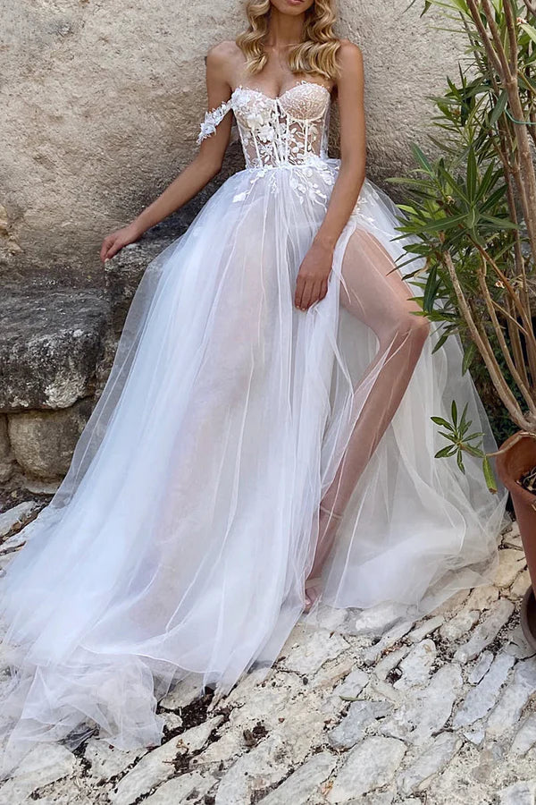 A Line Sweetheart Lace Applique Bohemian Split Wedding Dress Beautiful