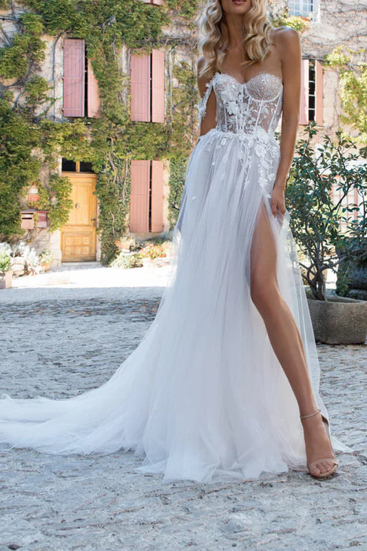 A Line Sweetheart Lace Applique Bohemian Split Wedding Dress Beautiful