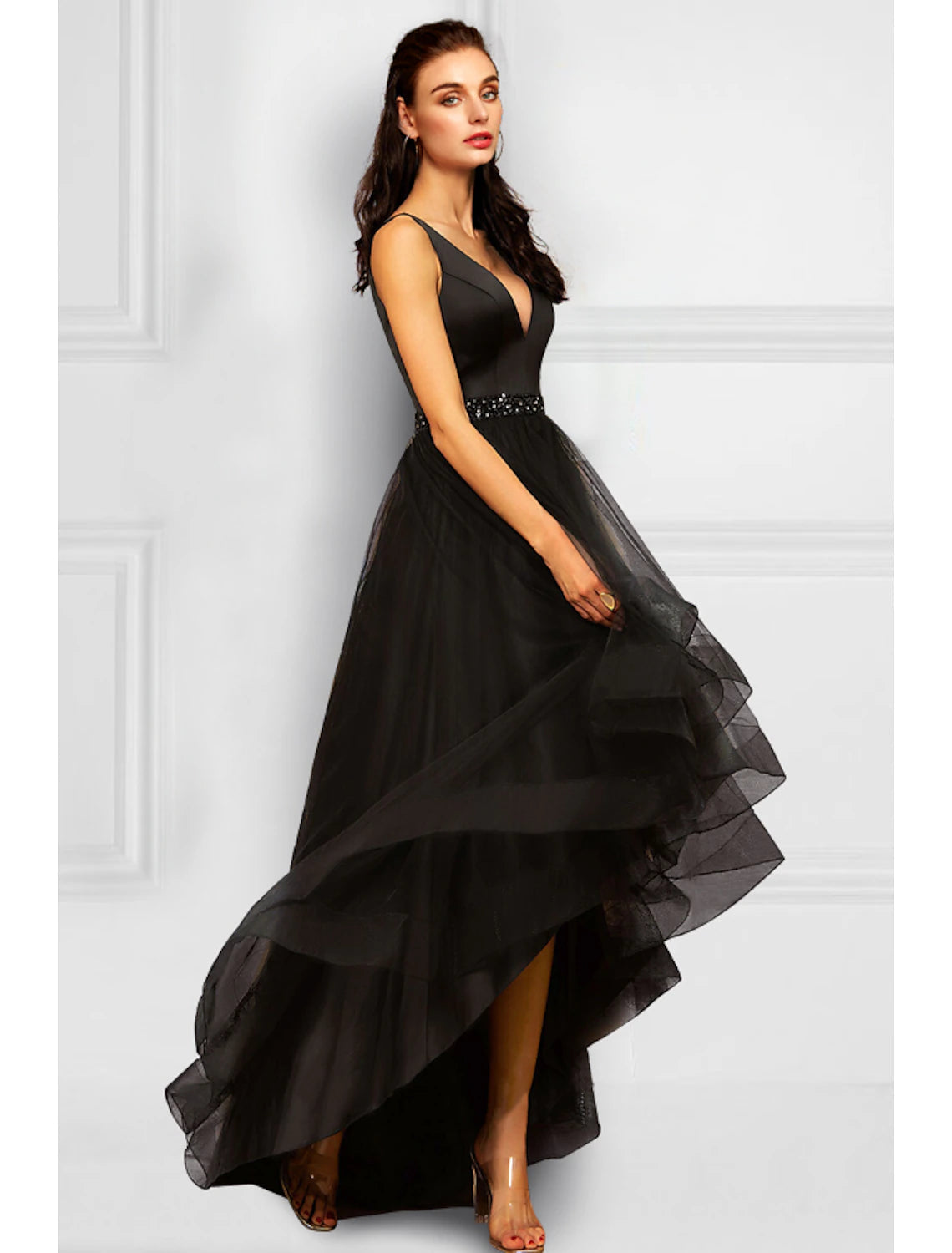 A-Line Cocktail Dresses Elegant Dress Party Wear Wedding Party Asymmetrical Sleeveless V Neck Organza with Rhinestone