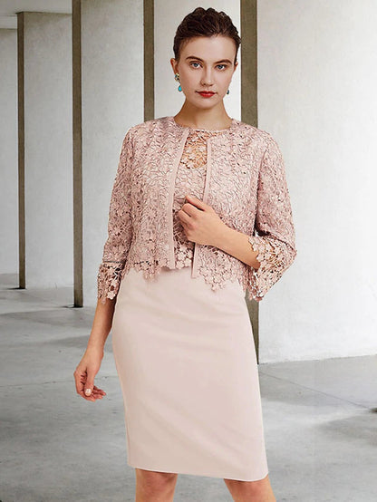 Two Piece Sheath / Column Mother of the Bride Dress Church Elegant Jewel Neck Knee Length Chiffon Lace Short Sleeve Short Jacket Dresses with Ruffles