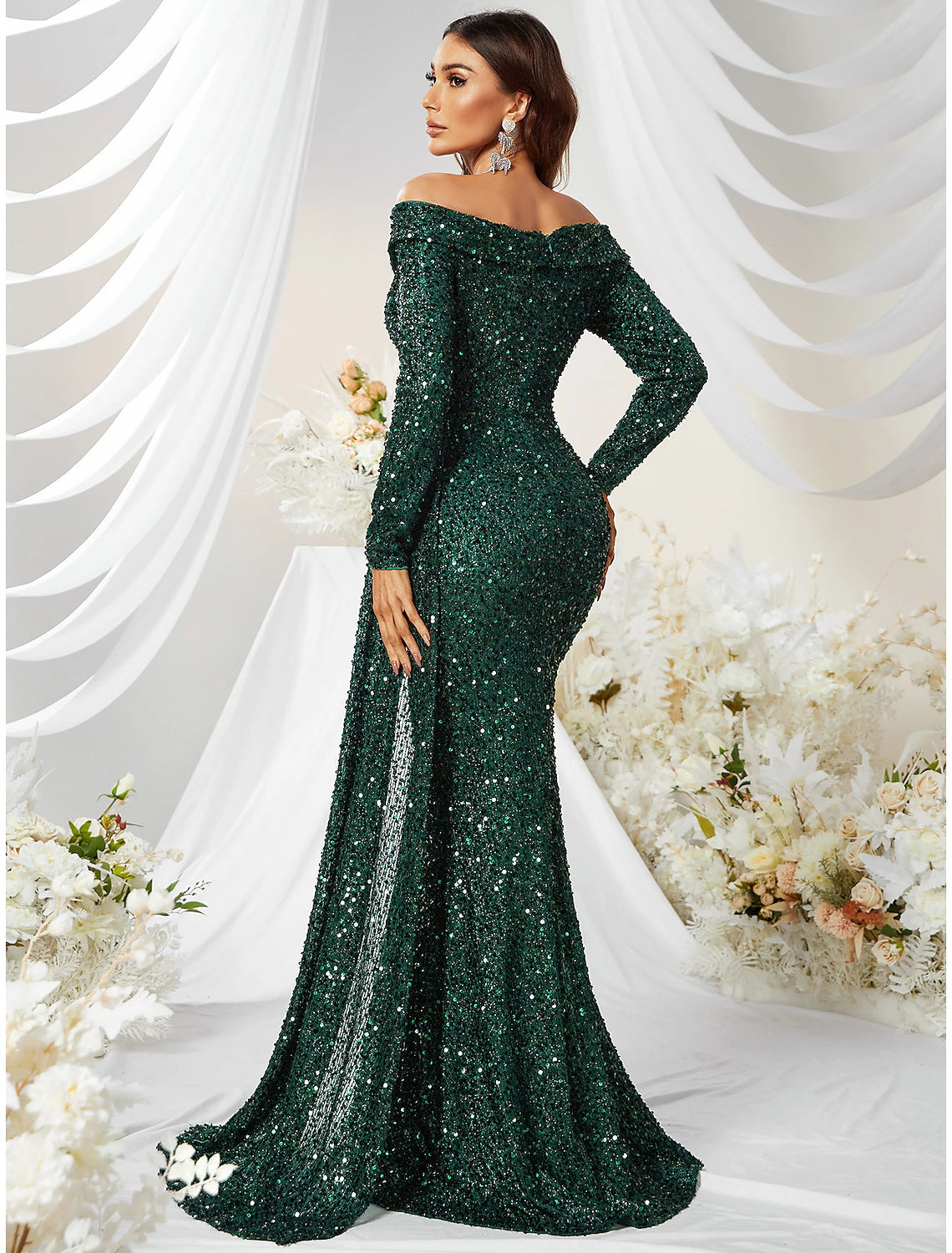 Mermaid / Trumpet Evening Gown Sparkle & Shine Dress Formal Cocktail Party Sweep / Brush Train Long Sleeve Off Shoulder Polyester