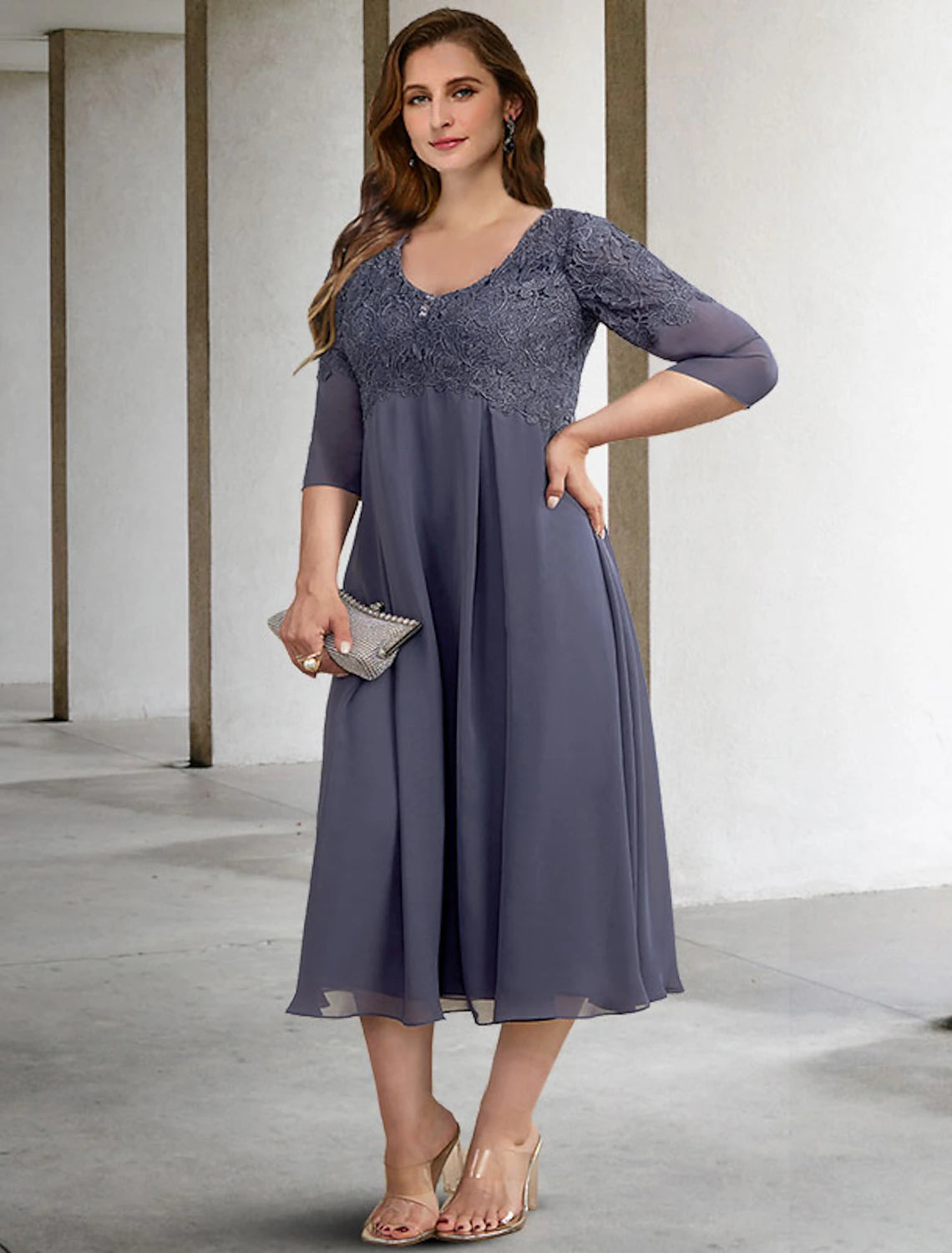 A-Line Mother of the Bride Dresses Plus Size Hide Belly Curve Elegant Dress Formal Tea Length Half Sleeve V Neck Chiffon with Buttons