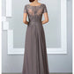 A-Line Mother of the Bride Dress Elegant V Neck Floor Length Chiffon Lace Short Sleeve with Pleats