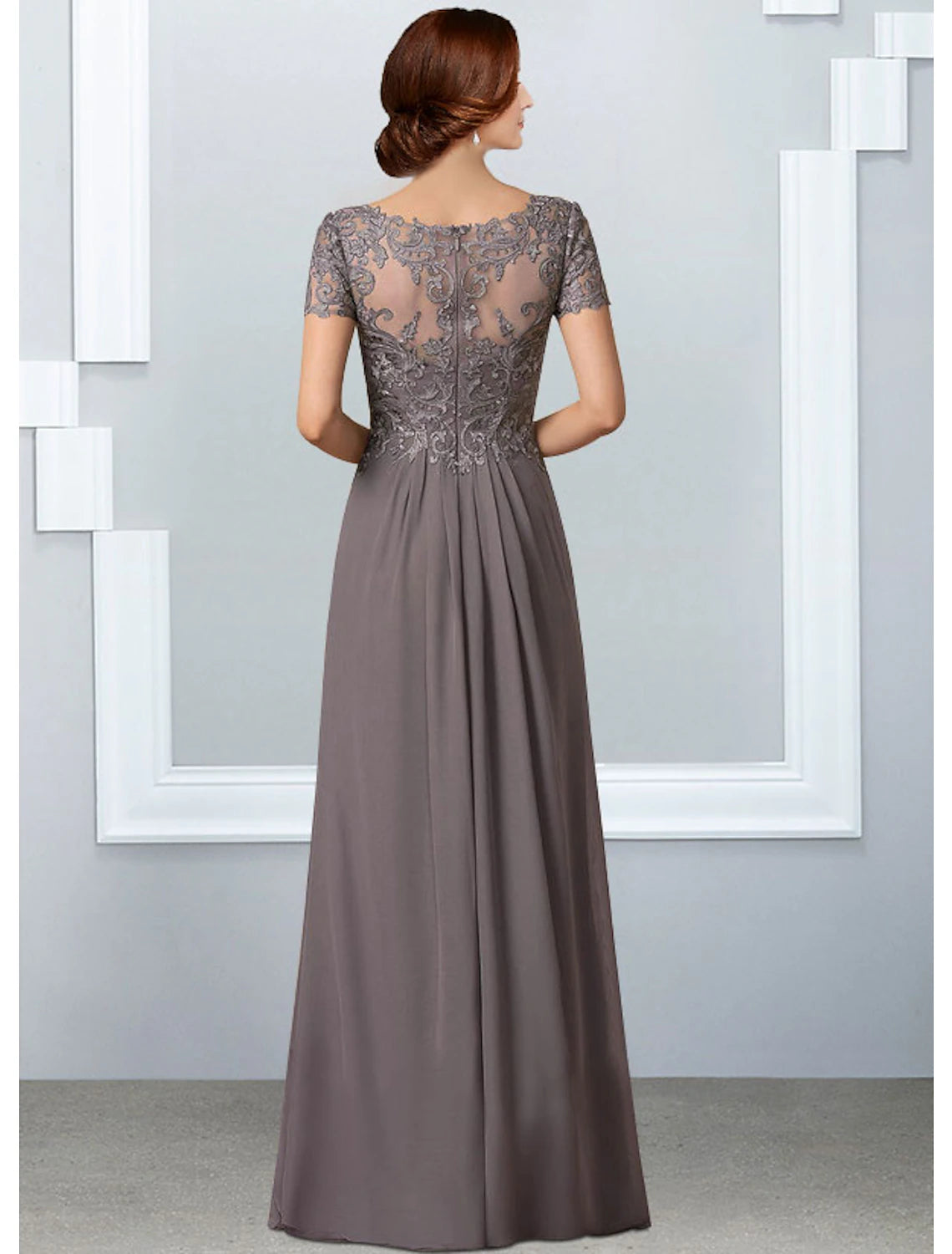 A-Line Mother of the Bride Dress Elegant V Neck Floor Length Chiffon Lace Short Sleeve with Pleats