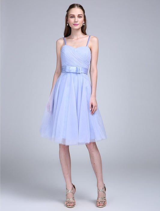 A-Line Bridesmaid Dress Spaghetti Strap Sleeveless Knee Length Tulle with Bow(s) Cross