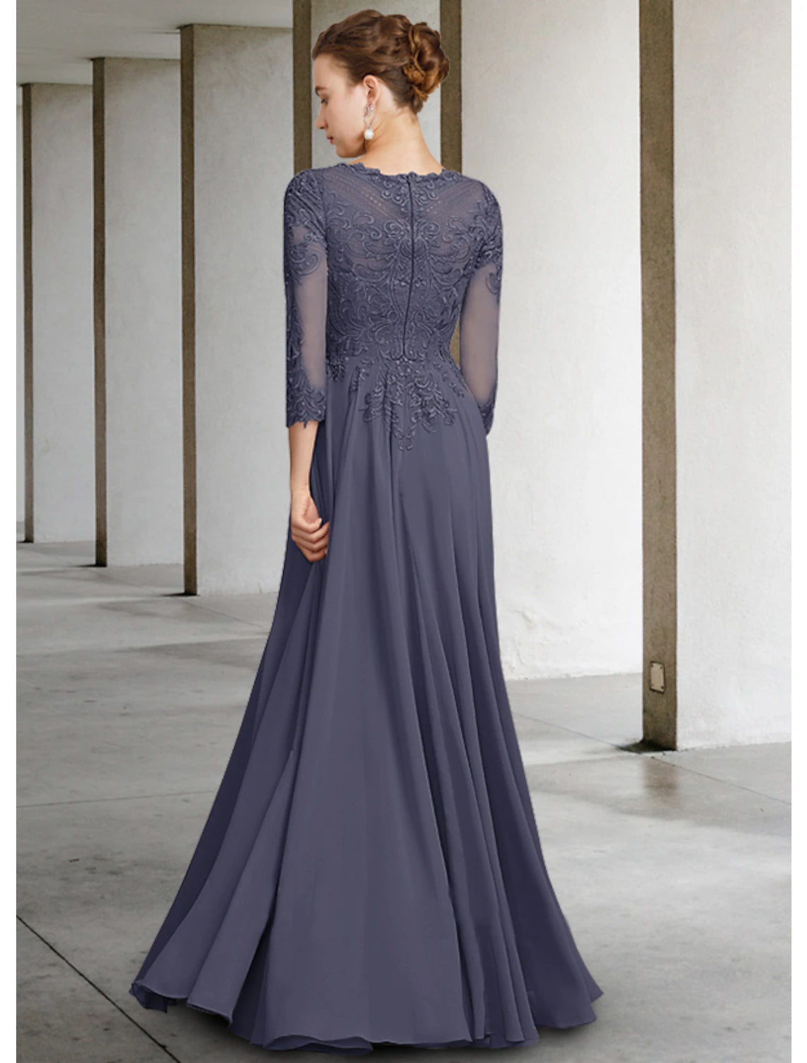 A-Line Mother of the Bride Dress Elegant Jewel Neck Floor Length Chiffon Lace 3/4 Length Sleeve with Pleats