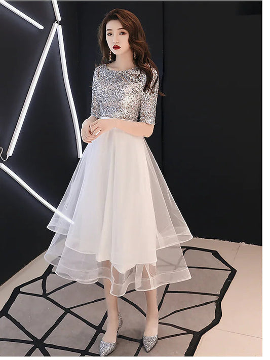 A-Line Sparkle White Cocktail Party Prom Dress Jewel Neck Half Sleeve Tea Length Satin