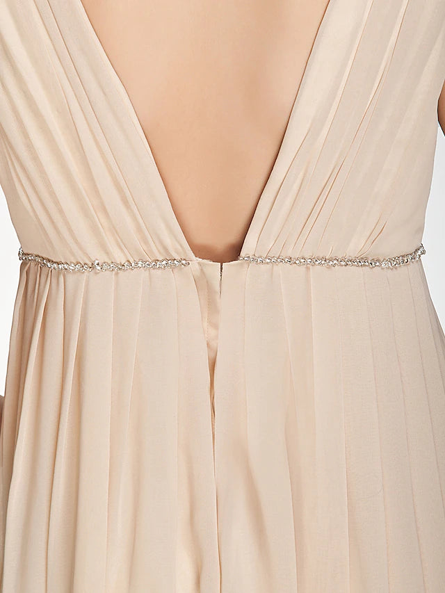 A-Line Bridesmaid Dress V Neck Sleeveless Beautiful Back Floor Length Chiffon with Pleats / Beading