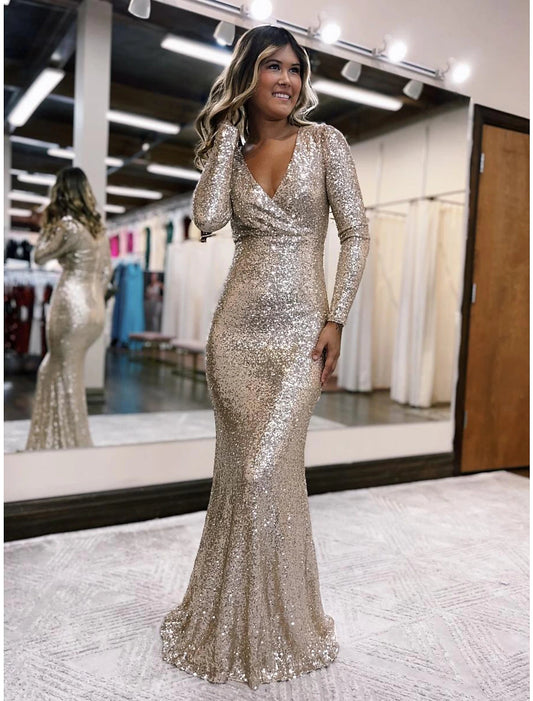 Mermaid / Trumpet Evening Gown Sparkle & Shine Dress Formal Prom Floor Length Long Sleeve V Neck Sequined