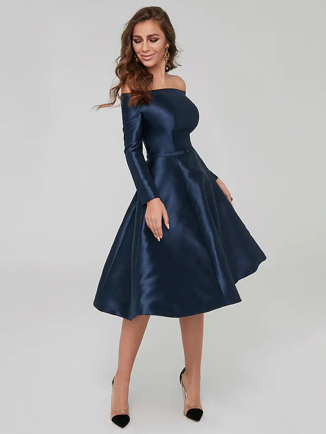 A-Line Special Occasion Dresses Party Dress Wedding Guest Knee Length Long Sleeve Off Shoulder Satin