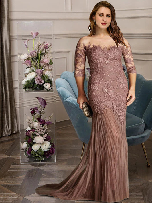 Mermaid / Trumpet Plus Size Curve Mother of the Bride Dresses Elegant Dress Formal Sweep / Brush Train Sleeveless Jewel Neck Lace with Pleats