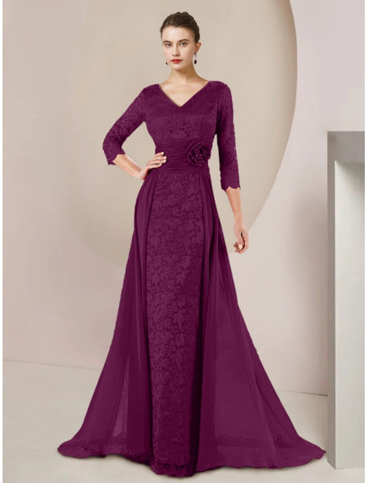 A-Line Mother of the Bride Dress Wedding Guest Elegant V Neck Floor Length Chiffon 3/4 Length Sleeve with Appliques