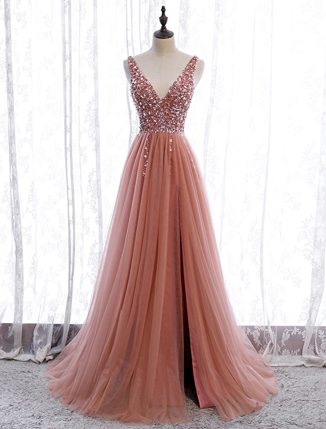 A-Line Prom Dresses Elegant Dress Party Wear Court Train Sleeveless V Neck Polyester with Pearls